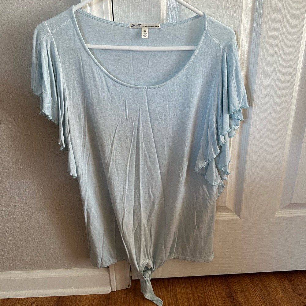 Seven7 Soft Blue Ruffle Sleeve Blouse